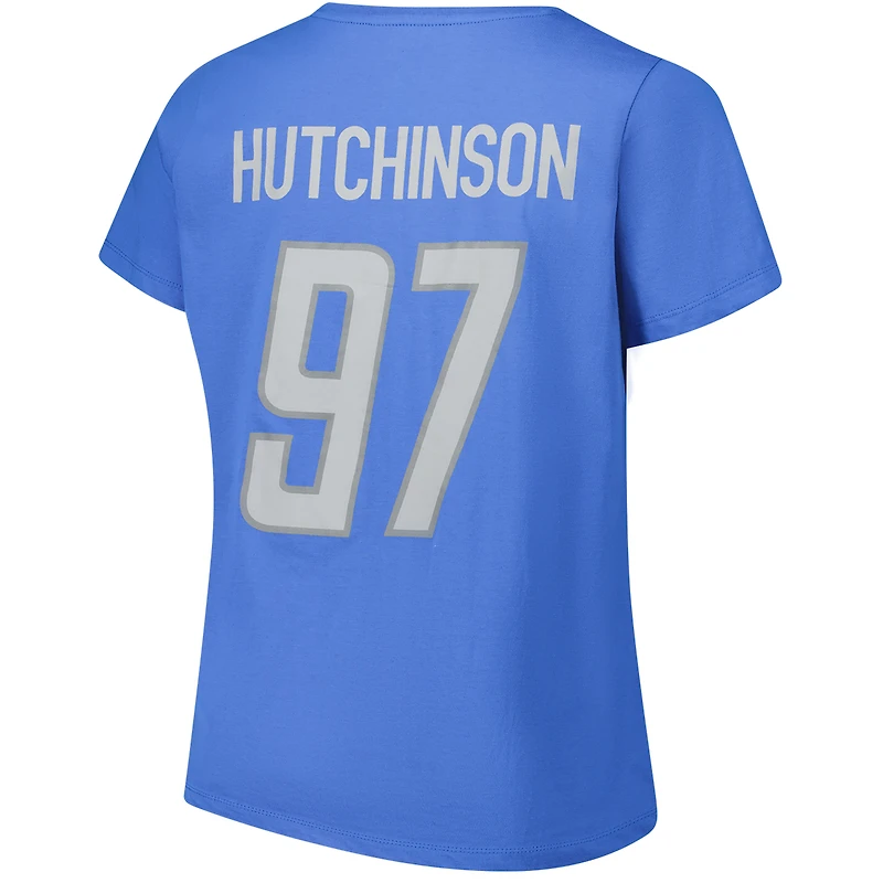 T-shirt à col rond bleu pour femme Aidan Hutchinson Detroit Lions avec nom et numéro Fair Catch, grande taille