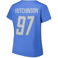 T-shirt à col rond bleu pour femme Aidan Hutchinson Detroit Lions avec nom et numéro Fair Catch, grande taille