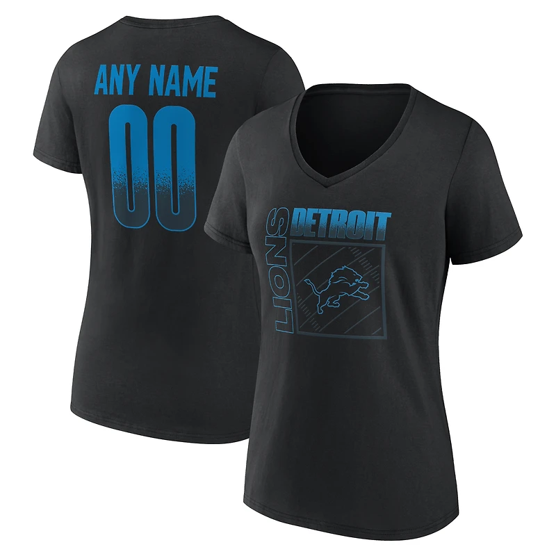 T-shirt à col en V personnalisé avec nom et numéro, Detroit Lions, noir, domicile, pour femme