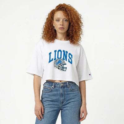 Women's Champion  White Detroit Lions Boyfriend Cropped T-Shirt