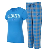 Women's Concepts Sport Blue/Gray Detroit Lions Plus Avondale T-Shirt & Pants Flannel PJ Set
