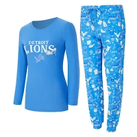 Ensemble de nuit pour femme Concepts Sport Blue Detroit Lions Chestnut avec t-shirt à manches longues et pantalon