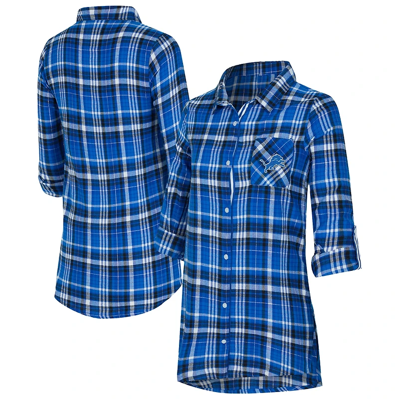 Chemise de nuit à carreaux tri-mélange bleu Detroit Lions Laney pour femme, Concepts Sport, avec boutons.