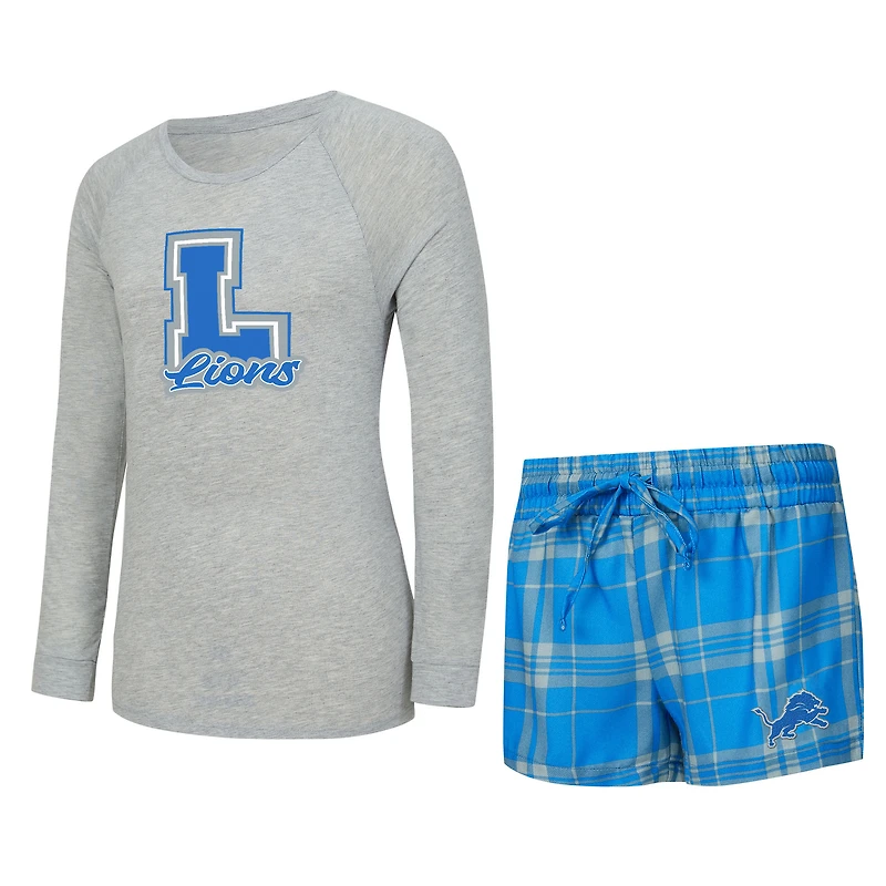 Ensemble de nuit pour femme Concepts Sport gris chiné/bleu Detroit Lions Regulate Plaid avec t-shirt à manches longues et short