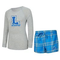 Ensemble de nuit pour femme Concepts Sport gris chiné/bleu Detroit Lions Regulate Plaid avec t-shirt à manches longues et short
