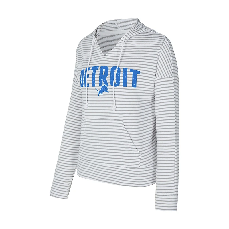 Women's Concepts Sport White/Gray Detroit Lions Liftoff Striped V-Neck Hoodie