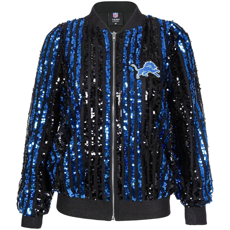 Blouson aviateur zippé à rayures et sequins pour femme Cuce Black Detroit Lions