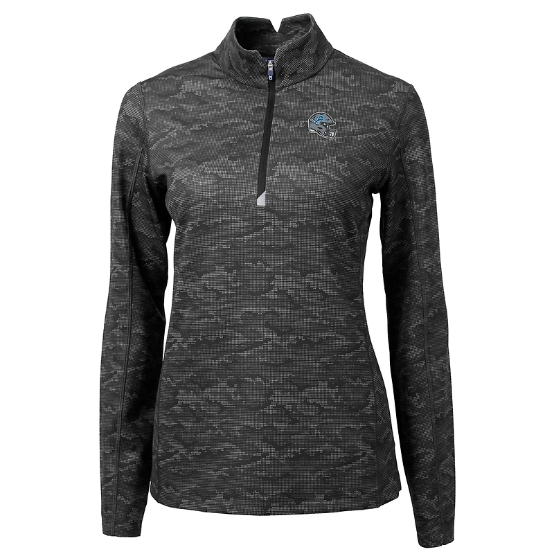 Women's Cutter & Buck  Black Detroit Lions Helmet Logo Traverse Camo Print Stretch Quarter-Zip Pullover Top