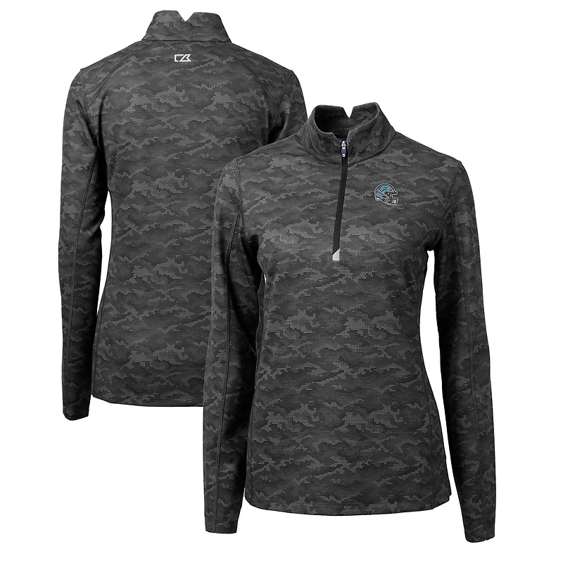 Women's Cutter & Buck Black Detroit Lions Helmet Logo Traverse Camo Print Stretch Quarter-Zip Pullover Top