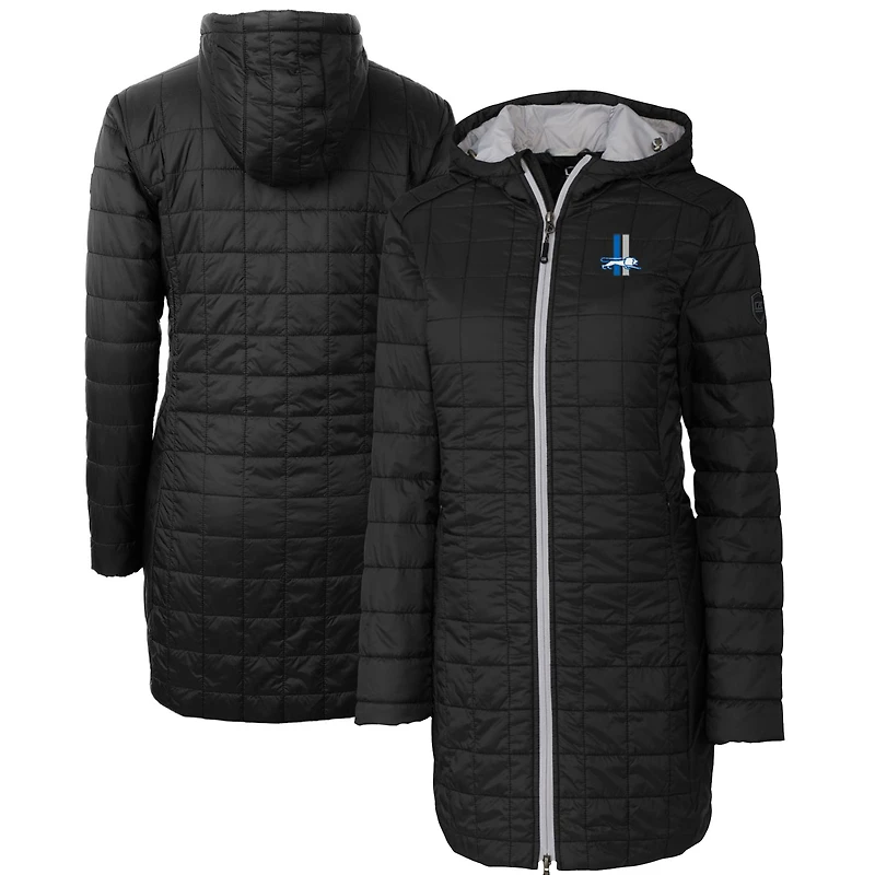 Manteau long à capuche zippé entièrement en Primaloft Eco Rainier pour femme, coupeur et buck, noir, logo rétro des Lions de Detroit