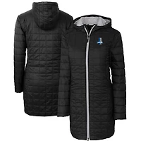 Manteau long à capuche zippé entièrement en Primaloft Eco Rainier pour femme, coupeur et buck, noir, logo rétro des Lions de Detroit