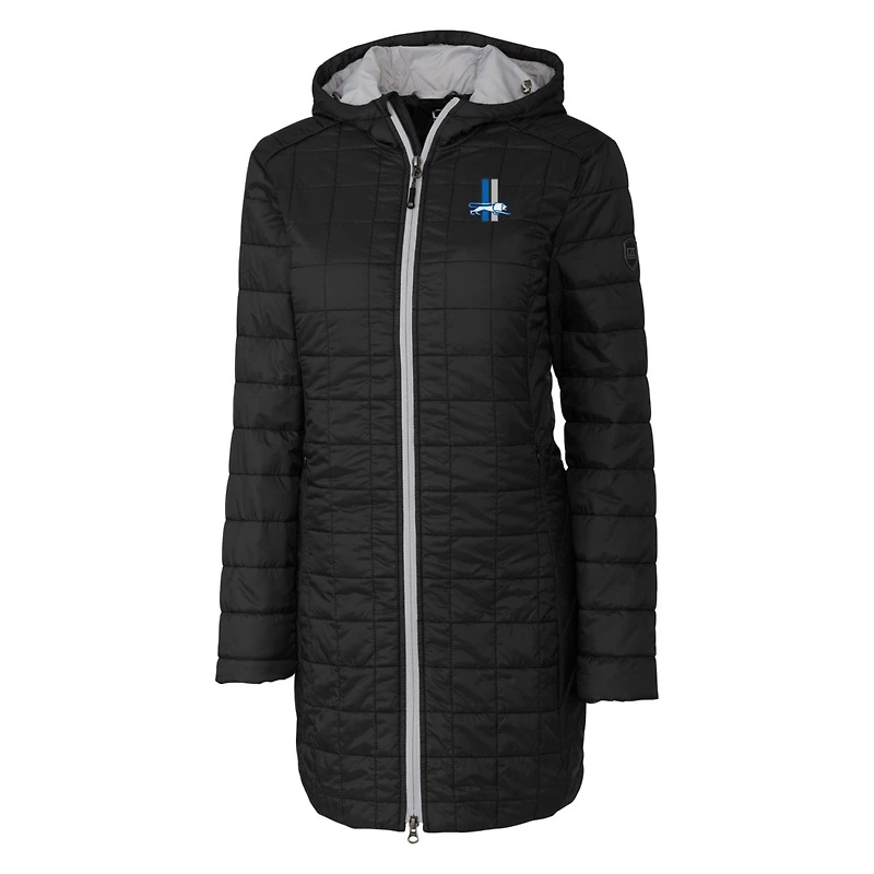 Manteau long à capuche zippé entièrement en Primaloft Eco Rainier pour femme, coupeur et buck, noir, logo rétro des Lions de Detroit