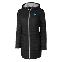 Manteau long à capuche zippé entièrement en Primaloft Eco Rainier pour femme, coupeur et buck, noir, logo rétro des Lions de Detroit