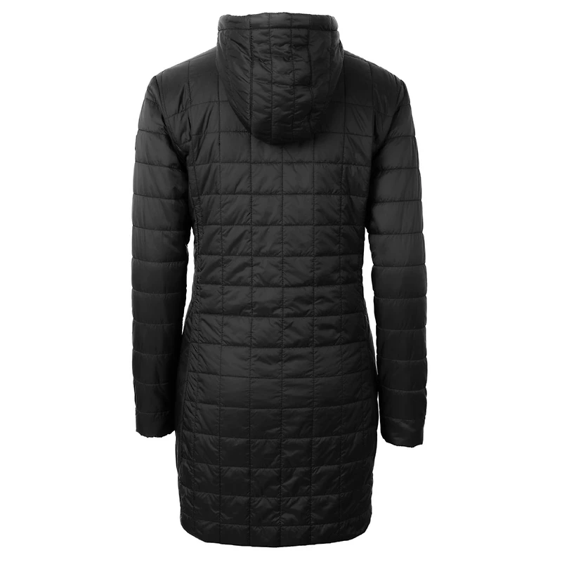 Manteau long à capuche zippé entièrement en Primaloft Eco Rainier pour femme, coupeur et buck, noir, logo rétro des Lions de Detroit