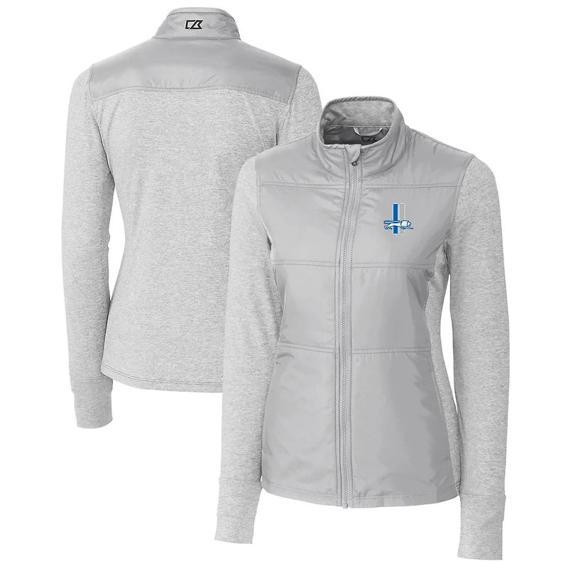 Coupe-vent matelassé hybride à fermeture éclair intégrale pour femme, gris, avec logo rétro des Detroit Lions, Cutter & Buck