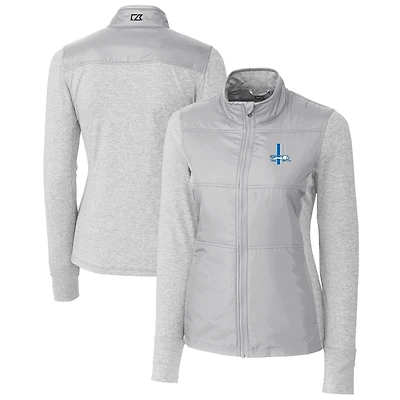 Coupe-vent matelassé hybride à fermeture éclair intégrale pour femme, gris, avec logo rétro des Detroit Lions, Cutter & Buck