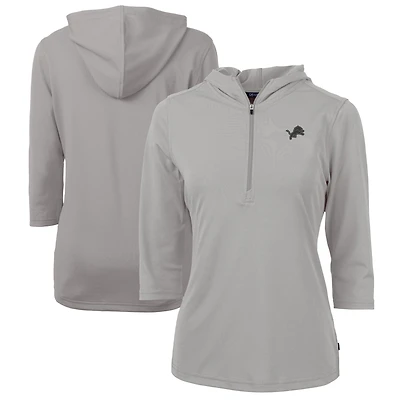 Sweat à capuche demi-zippé manches 3/4 en piqué recyclé Dry Tec pour femme, gris, Cutter & Buck, Detroit Lions