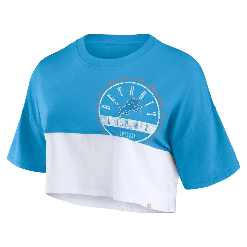 T-shirt court fendu de couleur carrée Fanatics pour femmes, bleu/blanc, Detroit Lions