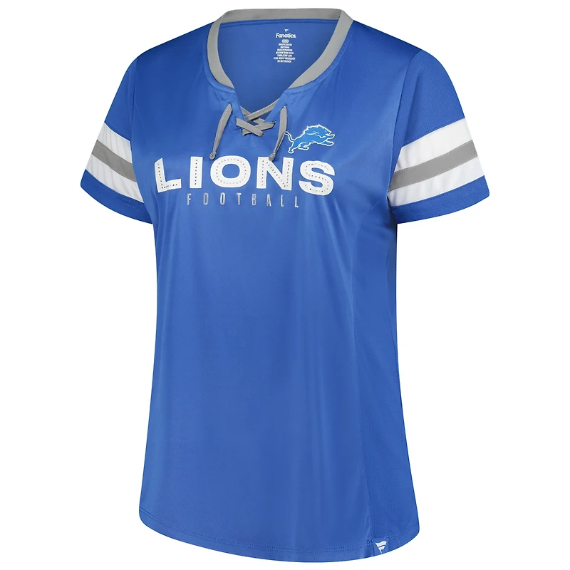 T-shirt à lacets et col cranté Athena Redzone pour femme, bleu, grande taille, avec strass, des Lions de Detroit