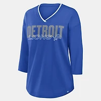 T-shirt à manches 3/4 et col en V Fanatics Blue Detroit Lions pour femmes