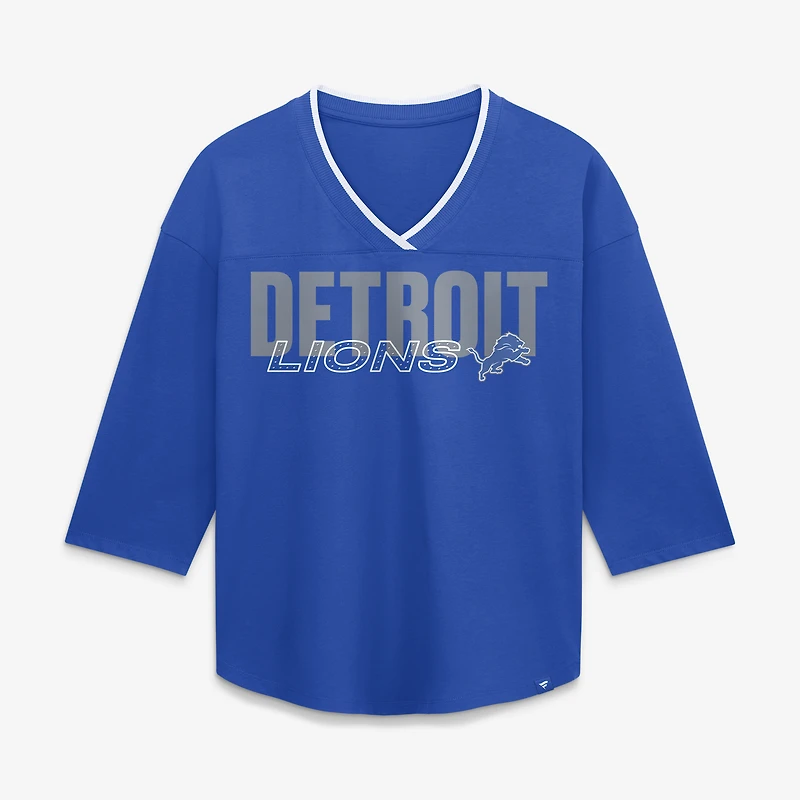 T-shirt à manches 3/4 et col en V Fanatics Blue Detroit Lions pour femmes