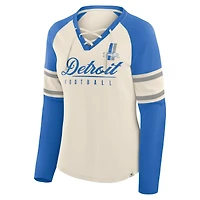 Women's Fanatics Cream/Blue Detroit Lions Hometown Gridiron Hero Raglan Lace-Up V-Neck Long Sleeve T-Shirt