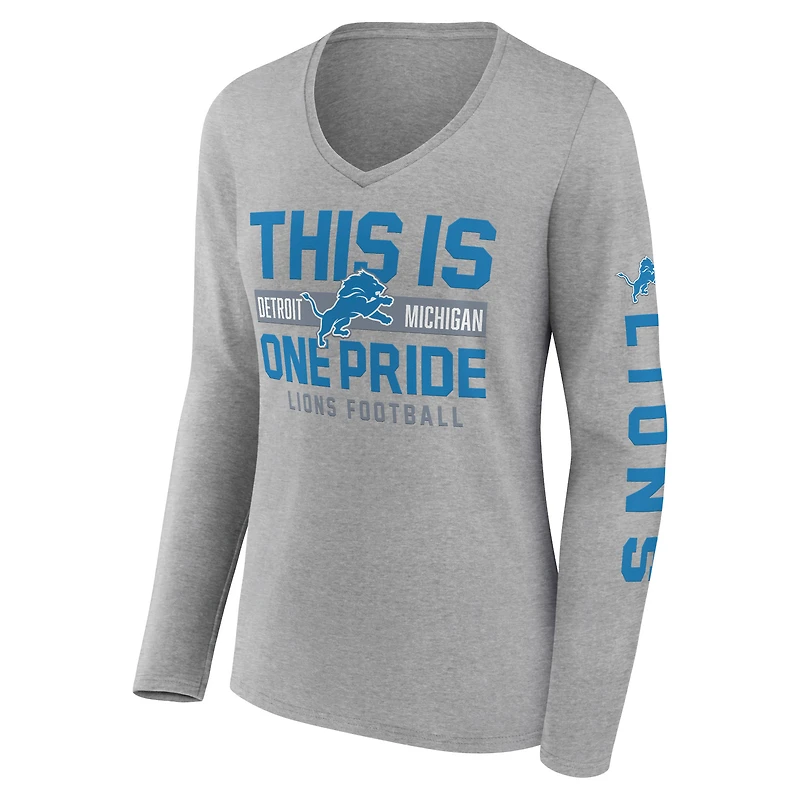 T-shirt à manches longues et col en V Fanatics Heather Grey Detroit Lions Hometown Sweep pour femmes