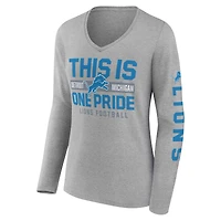T-shirt à manches longues et col en V Fanatics Heather Grey Detroit Lions Hometown Sweep pour femmes