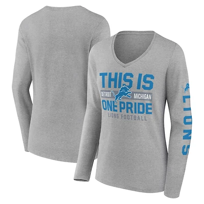 T-shirt à manches longues et col en V Fanatics Heather Grey Detroit Lions Hometown Sweep pour femmes