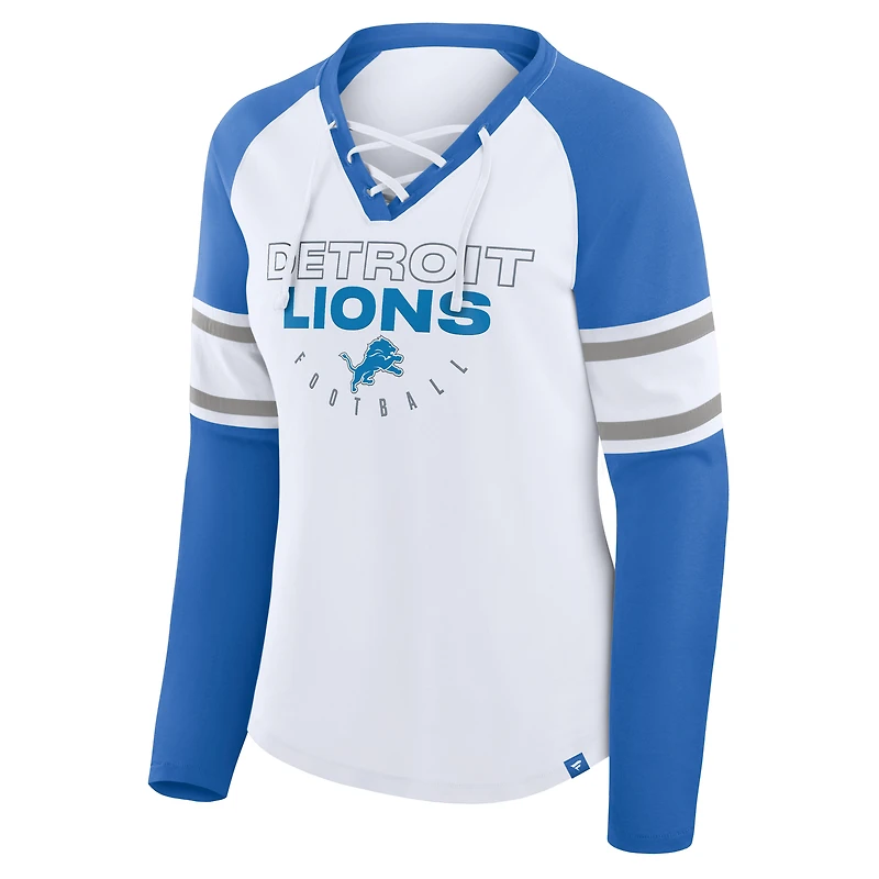 Women's Fanatics White/Blue Detroit Lions Redzone Blitz Package Raglan Lace-Up V-Neck Long Sleeve T-Shirt