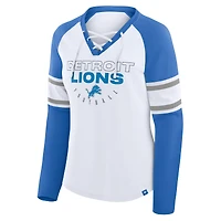 Women's Fanatics White/Blue Detroit Lions Redzone Blitz Package Raglan Lace-Up V-Neck Long Sleeve T-Shirt