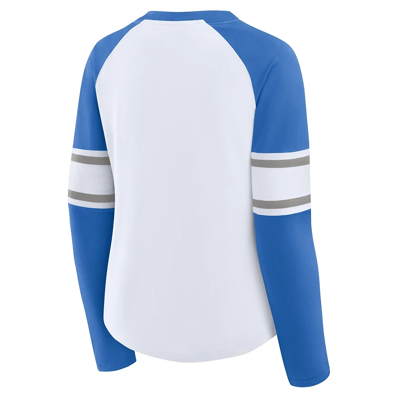 Women's Fanatics White/Blue Detroit Lions Redzone Blitz Package Raglan Lace-Up V-Neck Long Sleeve T-Shirt