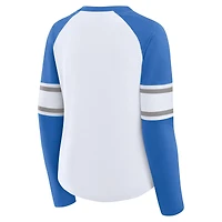 Women's Fanatics White/Blue Detroit Lions Redzone Blitz Package Raglan Lace-Up V-Neck Long Sleeve T-Shirt