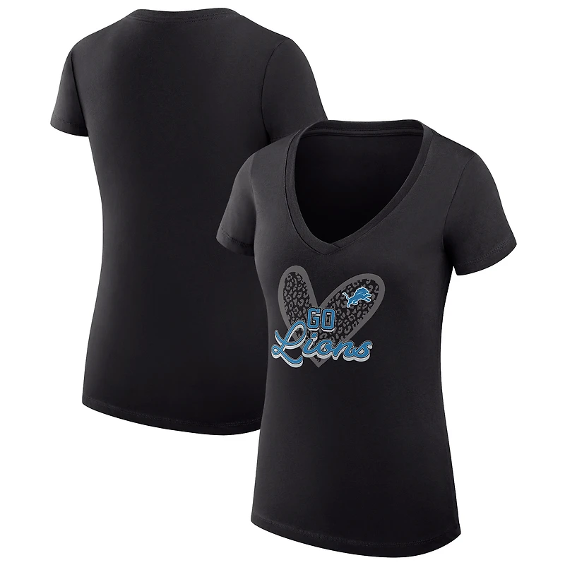 Women's G-III 4Her by Carl Banks Black Detroit Lions Super-Slim Fit Lightweight Leopard Heart V-Neck T-Shirt