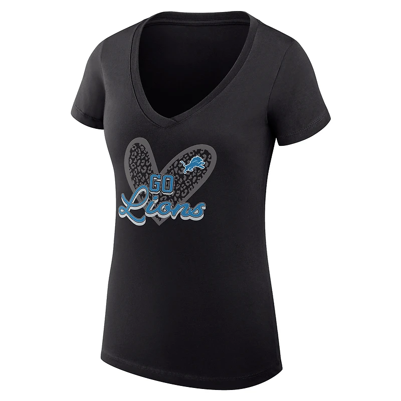 T-shirt léger à col en V et coupe ultra-ajustée G-III 4Her par Carl Banks pour femme, motif léopard cœur, noir, Detroit Lions