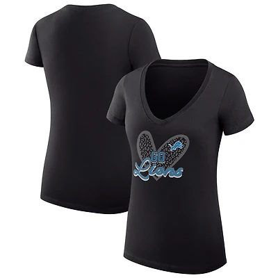 T-shirt léger à col en V et coupe ultra-ajustée G-III 4Her par Carl Banks pour femme, motif léopard cœur, noir, Detroit Lions