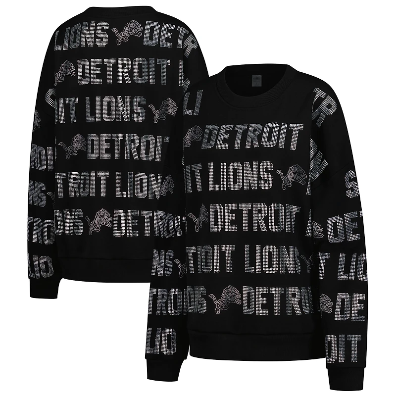 Sweat-shirt surdimensionné noir à texte strass Gameday Couture des Lions de Detroit pour femme