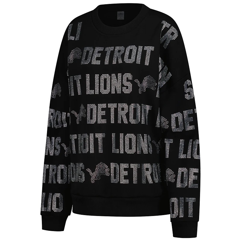 Women's Gameday Couture Black Detroit Lions Oversized Hype Era Rhinestone Text Sweatshirt