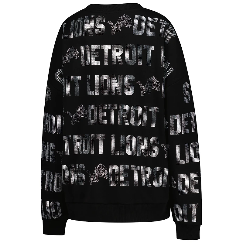 Sweat-shirt surdimensionné noir à texte strass Gameday Couture des Lions de Detroit pour femme