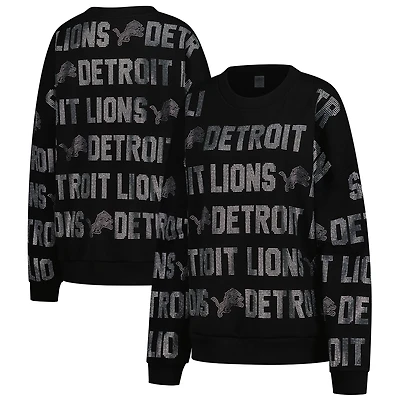 Women's Gameday Couture Black Detroit Lions Oversized Hype Era Rhinestone Text Sweatshirt