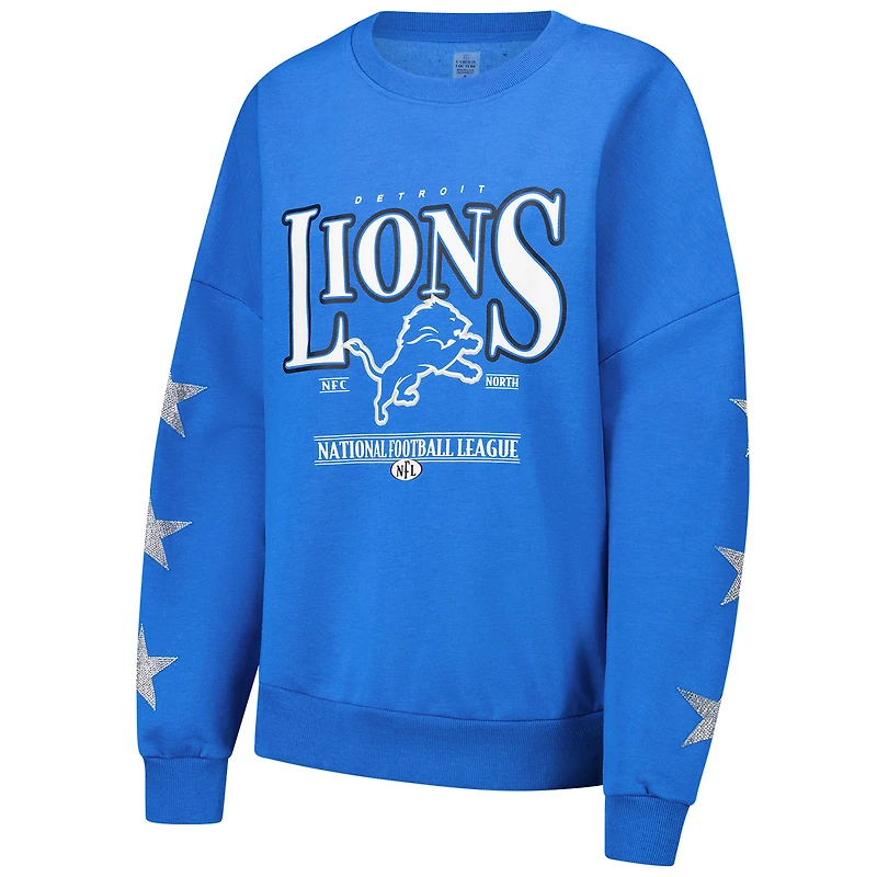 Women's Gameday Couture Blue Detroit Lions Rhinestone Star Sleeve Settle the Score Tri-Blend Pullover Sweatshirt