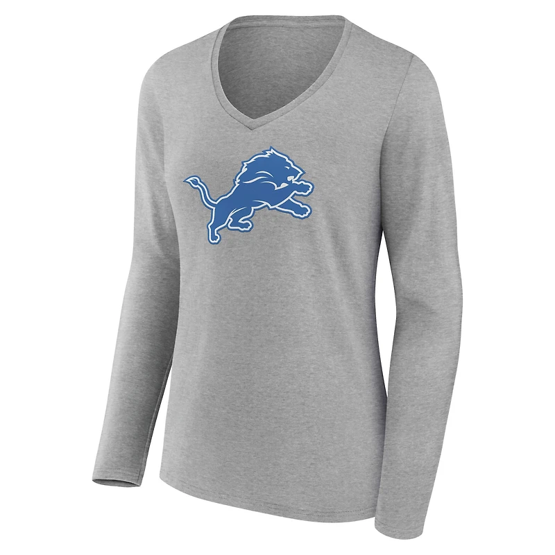 Women's Gray Detroit Lions Primary Logo Long Sleeve V-Neck T-Shirt
