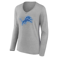 Women's  Gray Detroit Lions Primary Logo Long Sleeve V-Neck T-Shirt