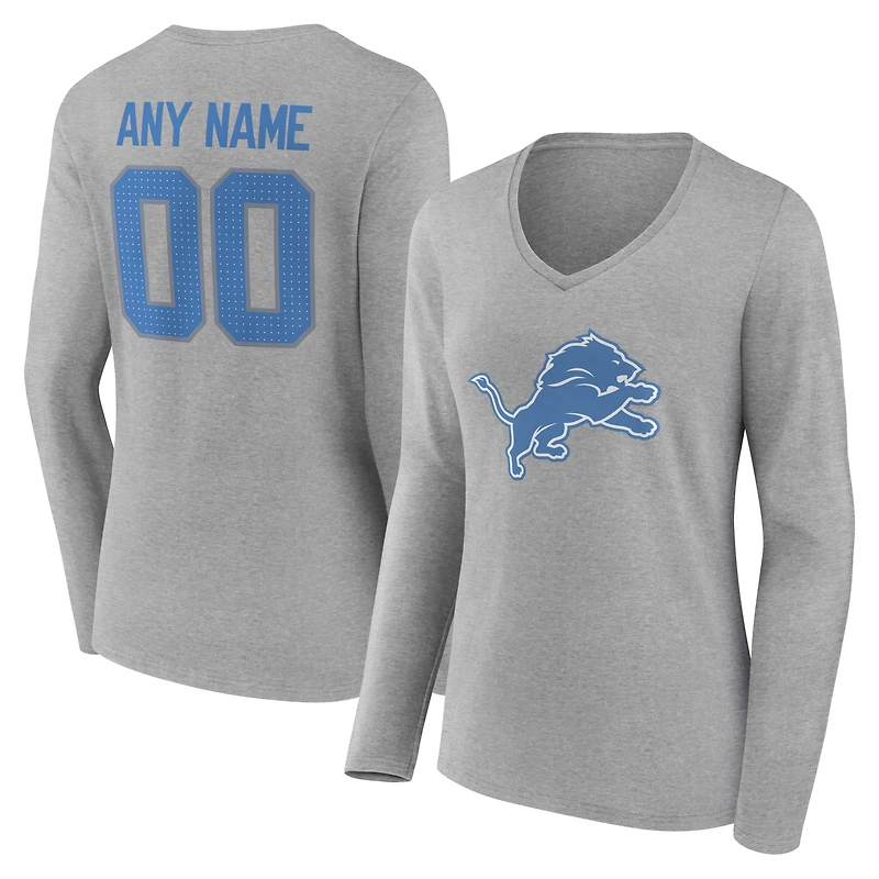 T-shirt à manches longues et col en V authentique personnalisé avec nom numéro des Detroit Lions pour femmes, gris
