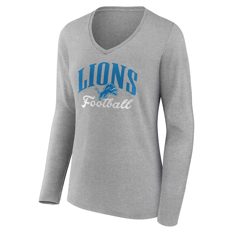 T-shirt gris à manches longues et col en V pour femme avec inscription « Victory » des Lions de Detroit