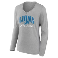 T-shirt gris à manches longues et col en V pour femme avec inscription « Victory » des Lions de Detroit