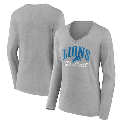 Women's  Gray Detroit Lions Victory Script Long Sleeve V-Neck T-Shirt