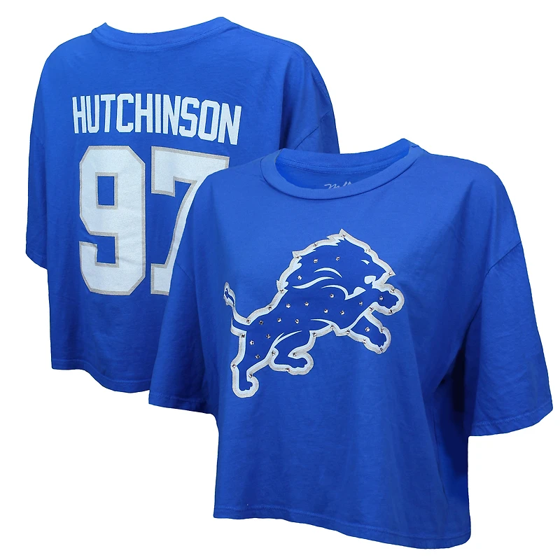 Women's Majestic Threads Aidan Hutchinson Blue Detroit Lions Swarovski Crystals Boxy Cropped Name & Number T-Shirt