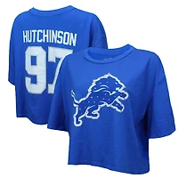 Women's Majestic Threads Aidan Hutchinson Blue Detroit Lions Swarovski Crystals Boxy Cropped Name & Number T-Shirt