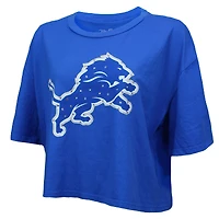 Women's Majestic Threads Aidan Hutchinson Blue Detroit Lions Swarovski Crystals Boxy Cropped Name & Number T-Shirt